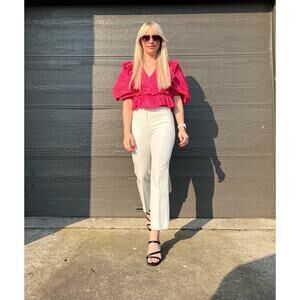 RHODE Red Printed 100% Cotton Short Sleeve V-Neckline Puff Sleeves Top size XL